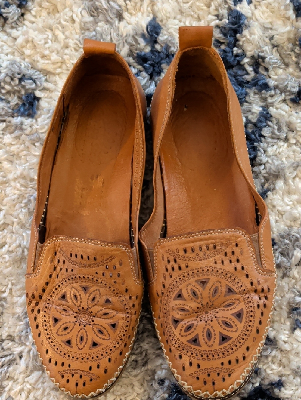 Spring Step Tan Leather Slip-On Loafers with Decorative Cutouts